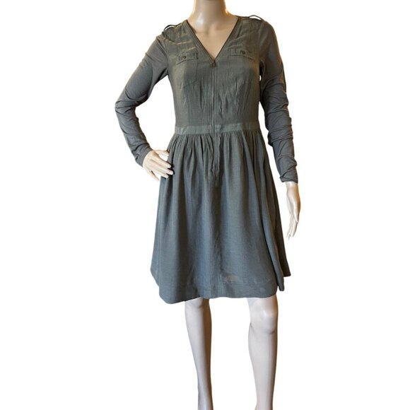 Olive Green Women's Y2K Trendy Mini Long Sleeve V-Neck Dress W/Front Pockets - Picture 3 of 13